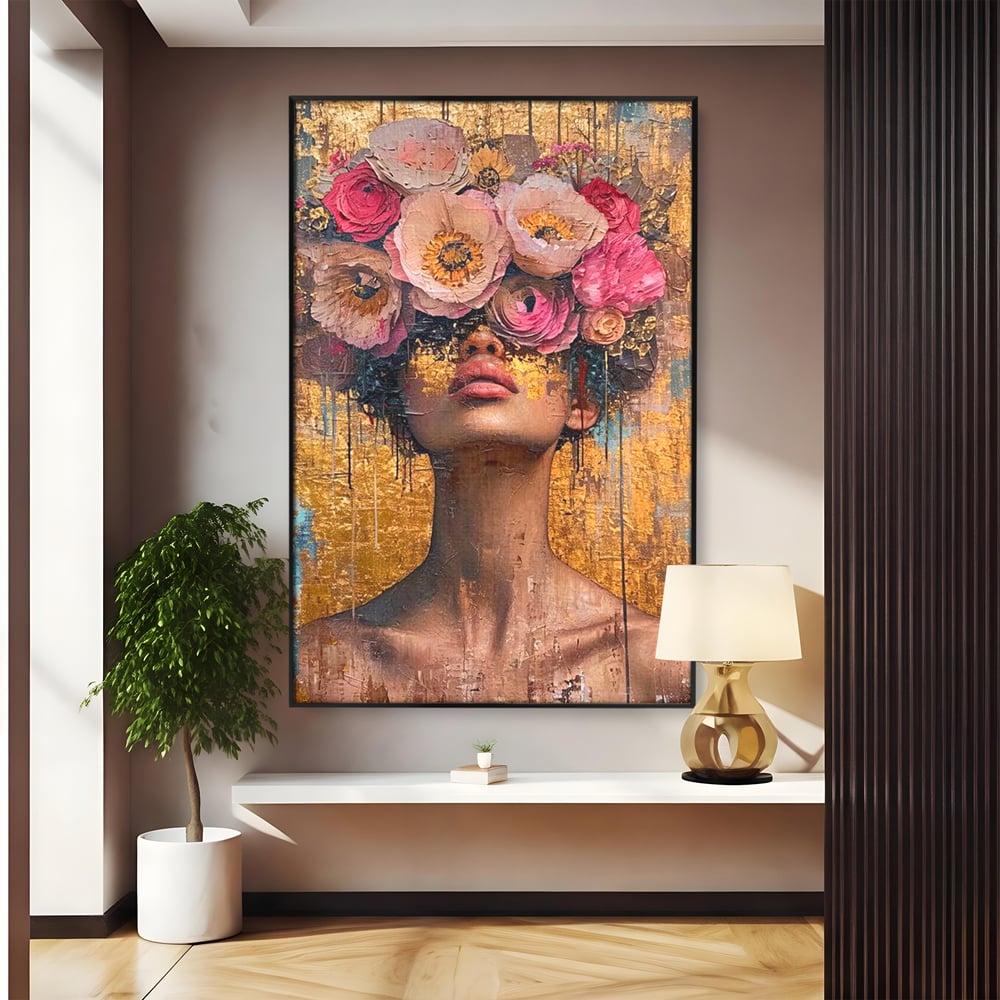 Tablou canvas cu tablou canvas cu portret artistic si flori, in rama de aluminiu negru